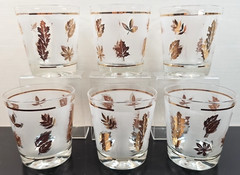 (6) Libbey Golden Foliage 6 Oz Old Fashioned Set Vintage Leaves Frosted MCM Lot