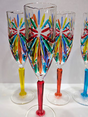 CC ZECCHIN MURANO Flute Glass, Multi color 9” Tall, Set of 6