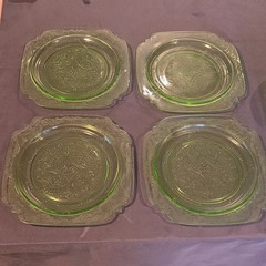 Green Etched Uranium Glass Champagne Glasses Stemware, Glass Lot Of 18 Pieces