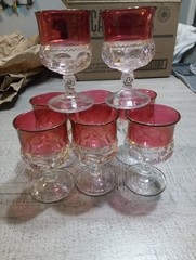 8 Vintage Indiana Glass Cranberry King’s Crown Thumbprint Juice Glasses