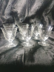 Vintage 6 Etched Crystal Coupe Desert Glasses Clear Fruit Cocktail Leaf Stemmed