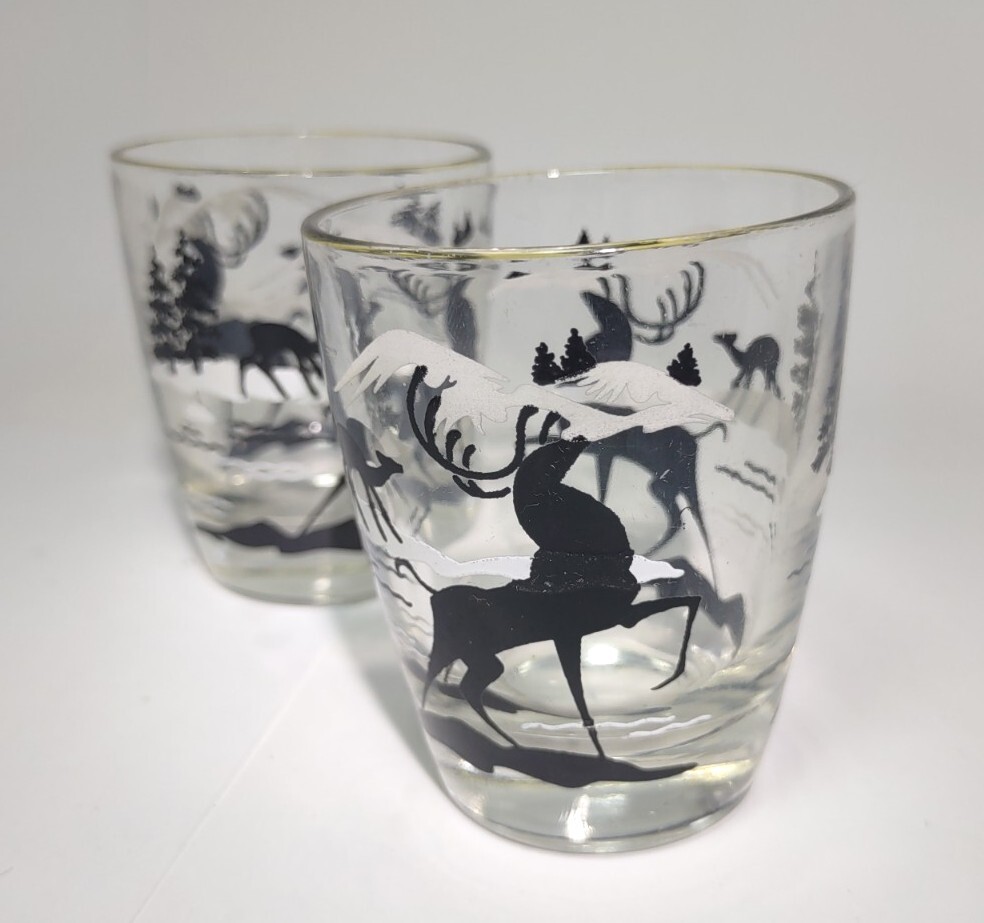 Mid Century Bar Ware Shot Glass Black White Stag Winter Scene Deco Style 3″
