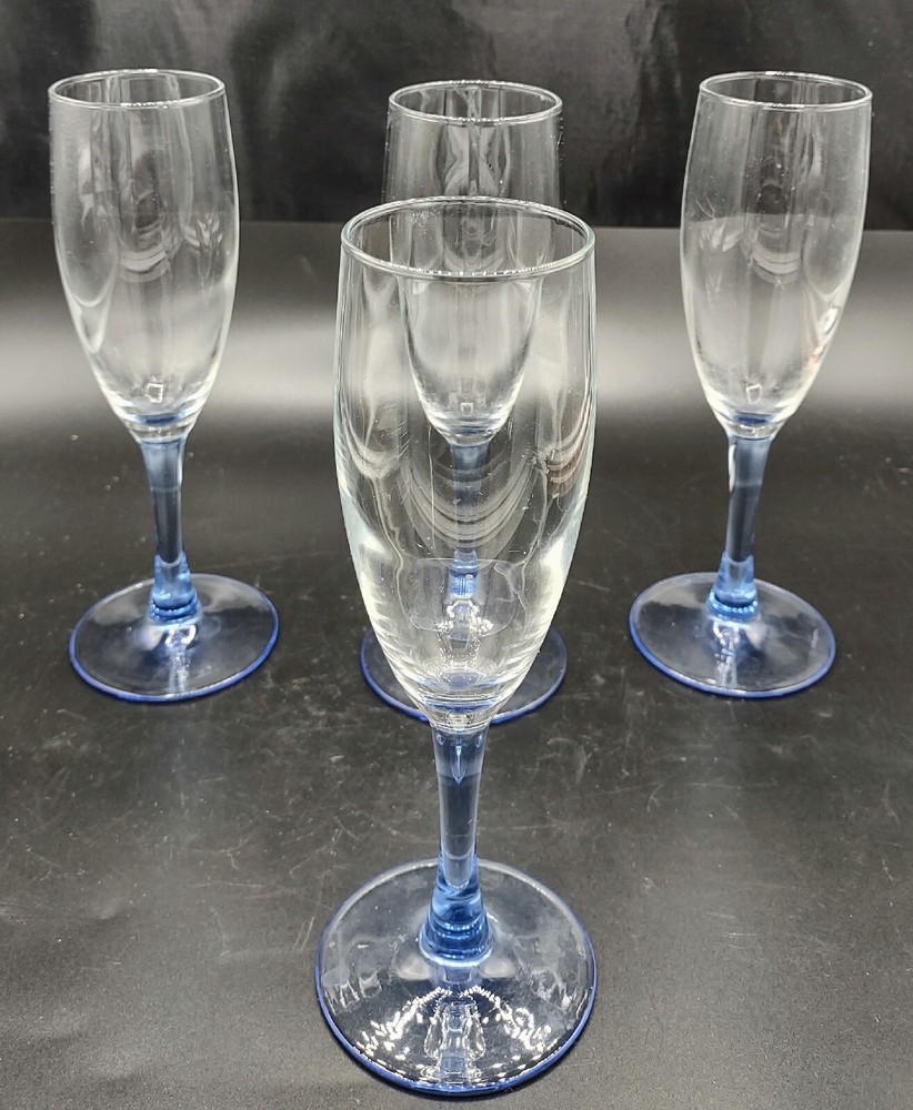 Vtg Cristal D’Arques-Durand Clear W/ Blue Azure Stem Champagne Flutes (4)