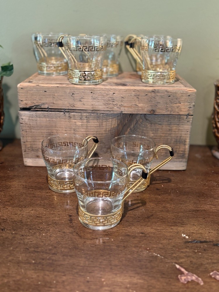 Vintage Libbey Gold Greek Key Continental Coffee Tea Cup Set of 8 MCM