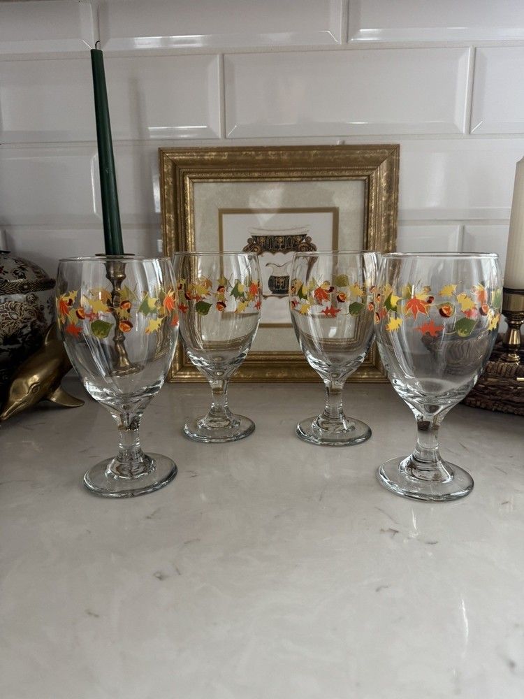 Vintage LIBBEY Crisa Autumn Leaves & Acorns Water Wine Goblets Stemware Set of 4