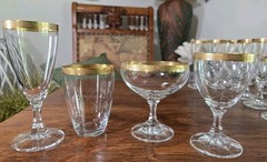 46 Pcs Vtg Schott Zwiesel Etched Crystal Gold Encrusted Rims Fluted Stem Glasses