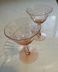 Pink Tiffin Franciscan Glass Panel Optic Etched Champagne Coupe Sherbet Glasses
