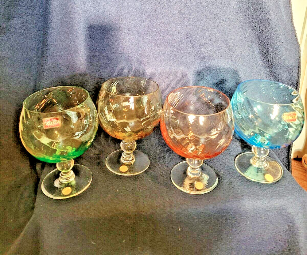 Handblown Brandy Goblet Romania Avitra Multicolored Twisted 4pc NEW