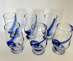 Set Of 6 Libbey Blue Ribbon Glasses 12.8oz. Goblet Tumbler Footed Clear Blue 6″