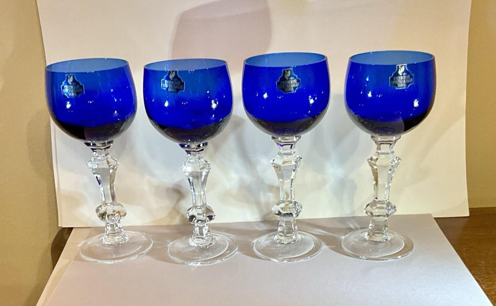 (4-pc) Gusevsky RUSSIAN Crystal Cobalt Blue Cordial Wine Glasses 5-1/4” EXCLT