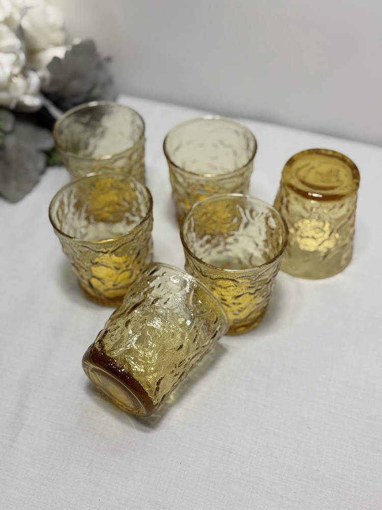 Set Of 6 Vintage Anchor Hocking Milano Honey Gold Lido Low Ball Rocks Glasses