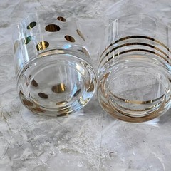 Set of Two Drinking Gl Set of Two Drinking Glasses 4″ Gold Polka Dot and Striped