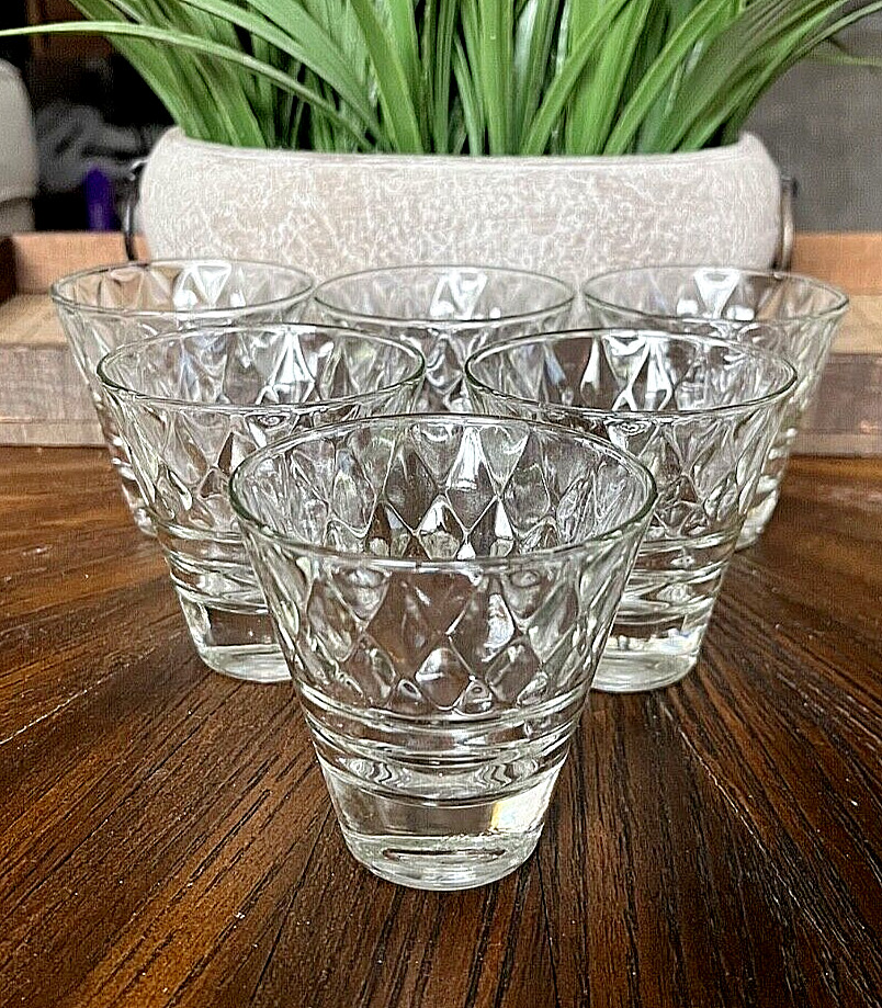 6 Vintage Low Ball MCM Diamond Pattern Rocks Whiskey Shot Cocktail Glasses – B22
