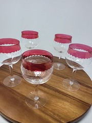 Set of 5 Crystal Ruby Red crystal Cut To Clear Dot Ruby Flash Wine Goblets 6.75″