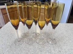 Amber Champagne Flutes Bell Shape Glasses W/ Clear Stems Holds 8oz. Set of 6