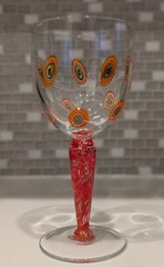 Leonardo Millefiori Murano Style Water Goblet Clear W/Orange Swirl Stem ~ 12 oz