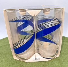 Vintage Set 4 Libbey Libby Royal Blue & Black Swirl Glasses Tumblers With Box