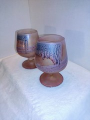 Vintage Hebron Art Nouveau drip glaze frosted crystal Brandy Snifters Iridescent