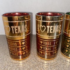 Set Of 4 Vtg I Love Texas Drinking Glasses Gold Green Red Korea Barware, Guilded