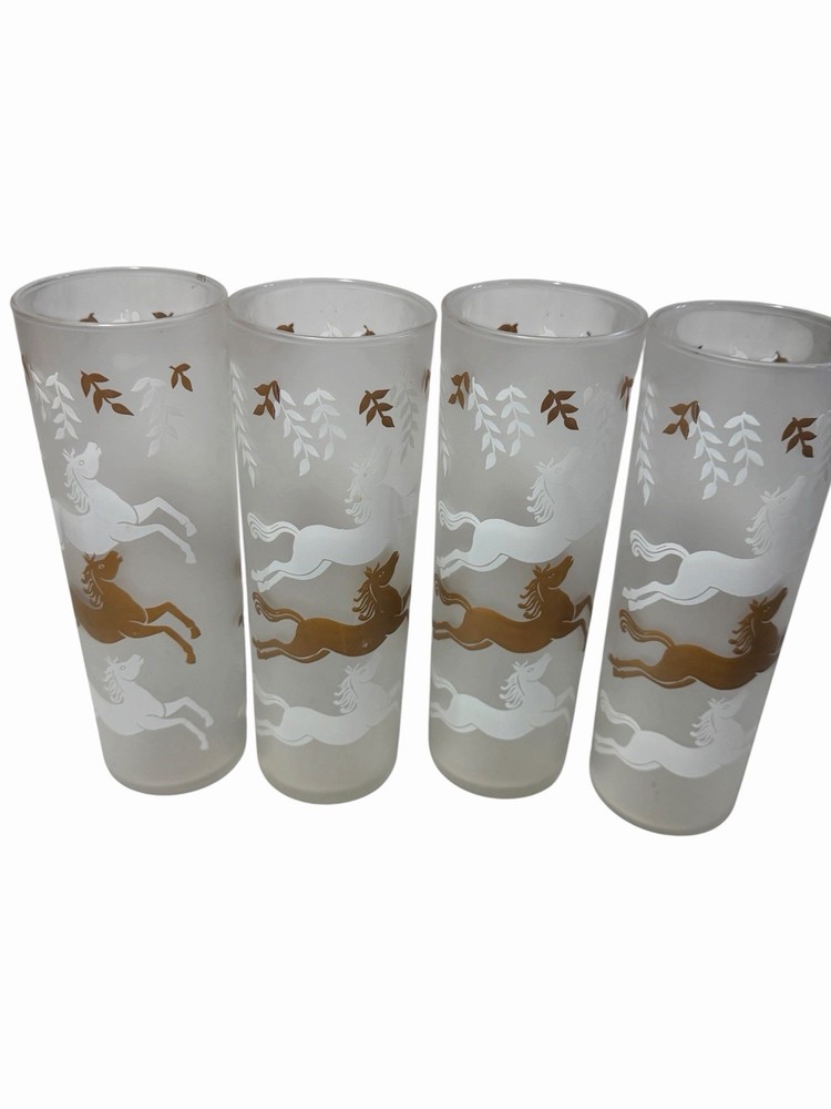 Vintage Libbey Barware Drinking Glasses Cavalcade Horses Stallions Frosted Gold