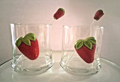 Strawberry Drinking Glasses w/ Acrylic Strawberry Topped Stirrers Set of 2