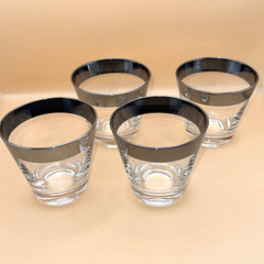 4 Vtg MCM Dorothy Thorpe Style Silver Band Rim Low Ball Bourbon Glasses 3 1/2”
