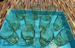 11 Vtg Green Juice Glasses Ribbed Optic Inner Ribbed Approx 3.5″ MCM. Beautiful