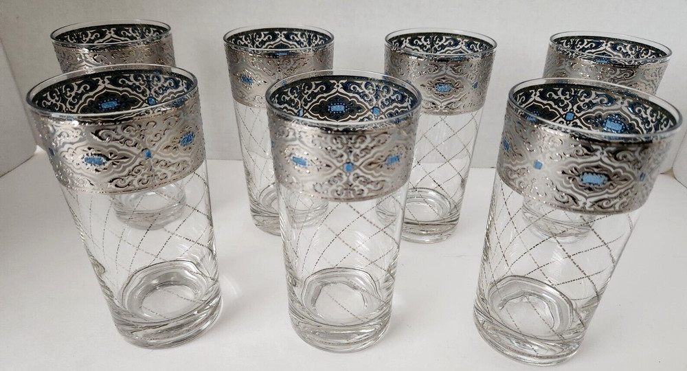 Culver Sorrento Hiball Tumblers Silver Lattice Blue Accent 5 5/8″ Tall Set of 7