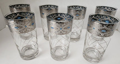 Culver Sorrento Hiball Tumblers Silver Lattice Blue Accent 5 5/8″ Tall Set of 7