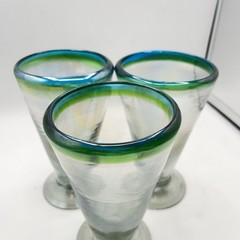 Three Hand Blown Stemware V-Shaped Glasses All Iridescent Green & Blue Band