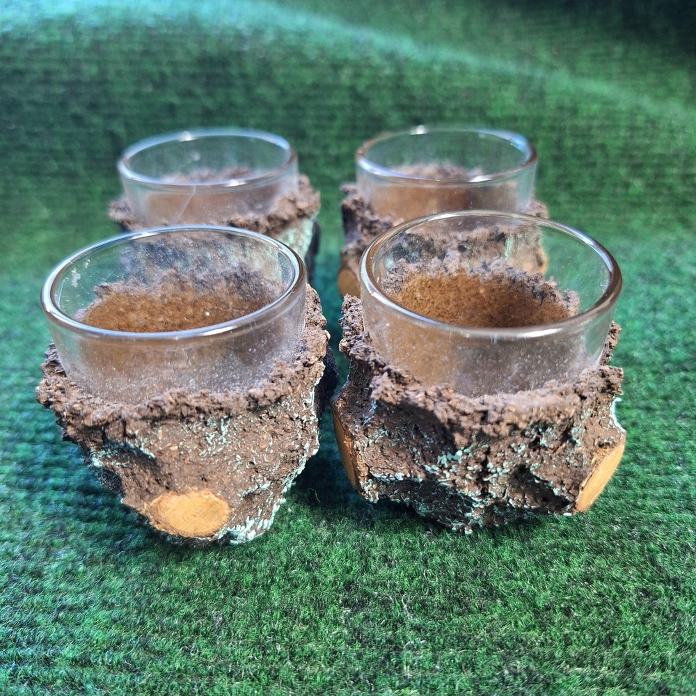 Finnish Bark Wrapped Glass Shot Glasses Set of 4 Rustic Scandinavian Finland