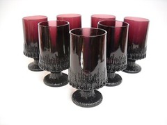 Seven L.E. SMITH GLASS GOBLETS-SCULPTURA II-DEEP AMETHYST-BRUTALIST/MEDIEVAL-VG