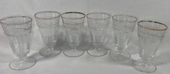 VTG Set 6 Federal Glass Clear Etched Footed Ribbed Tumbler 4 1/2” Tall