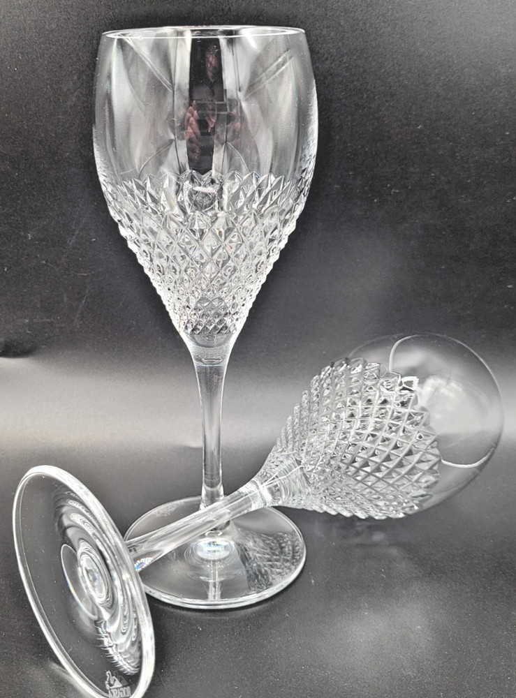 RARE Rogaska 2 Lead Crystal Diamond Cut Wine Goblets ~8″H Signed/Pegasus Logo