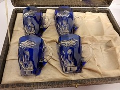 Vintage Cobalt Cut‑to‑Clear Crystal Demitasse Glasses-Boxed Set of 6–Bohemian