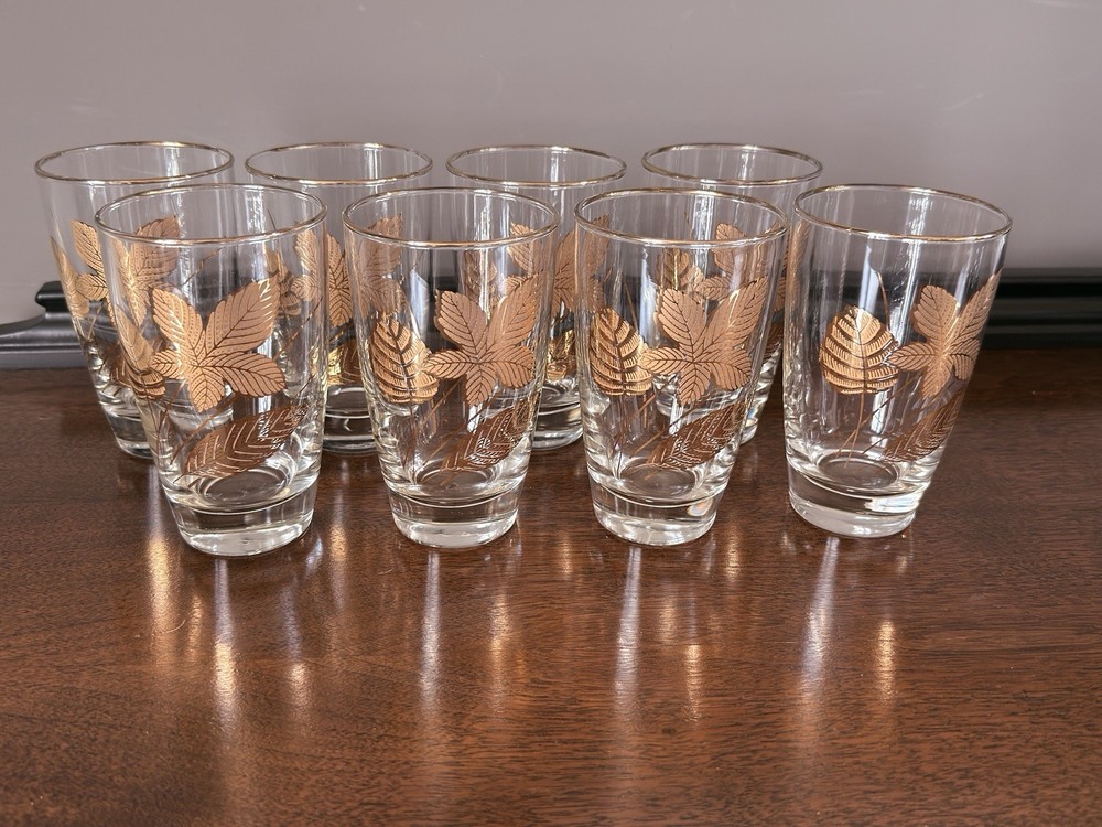 Vintage Libbey 22K Gold- Maple -Oak -Leaf Tumblers 10 Oz Set Of 8