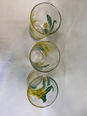 3 MCM Federal Glass 8 oz Swanky Swig Tumblers Yellow Flowers with Green Leaves