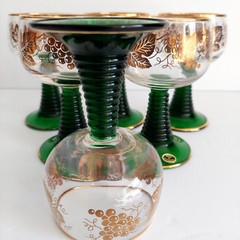 Vintage Set Of 6 Green Beehive Stem Cordial Glasses Gold Rim Germany 5 oz