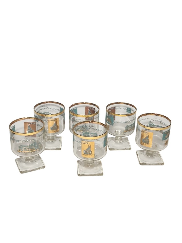 Libbey Southern Comfort Steamboat Footed Cocktail Glass Set of 6 Turquoise Gold