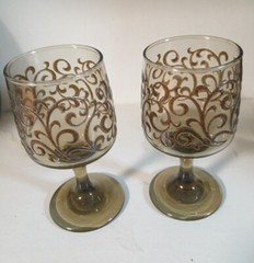 Vintage Pair 1970’s Libby Prado Empire Scroll Wine Glasses Smoked Glass Stemware