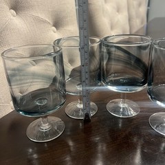 Blue Smoke Crystal Wine Glasses Barrel Bowl Clear Short Stem Hand Blown 5″ Tall