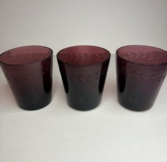 Vintage MCM Amethyst Glass Tumblers Hand Etched Botanical Leaf Pattern Set