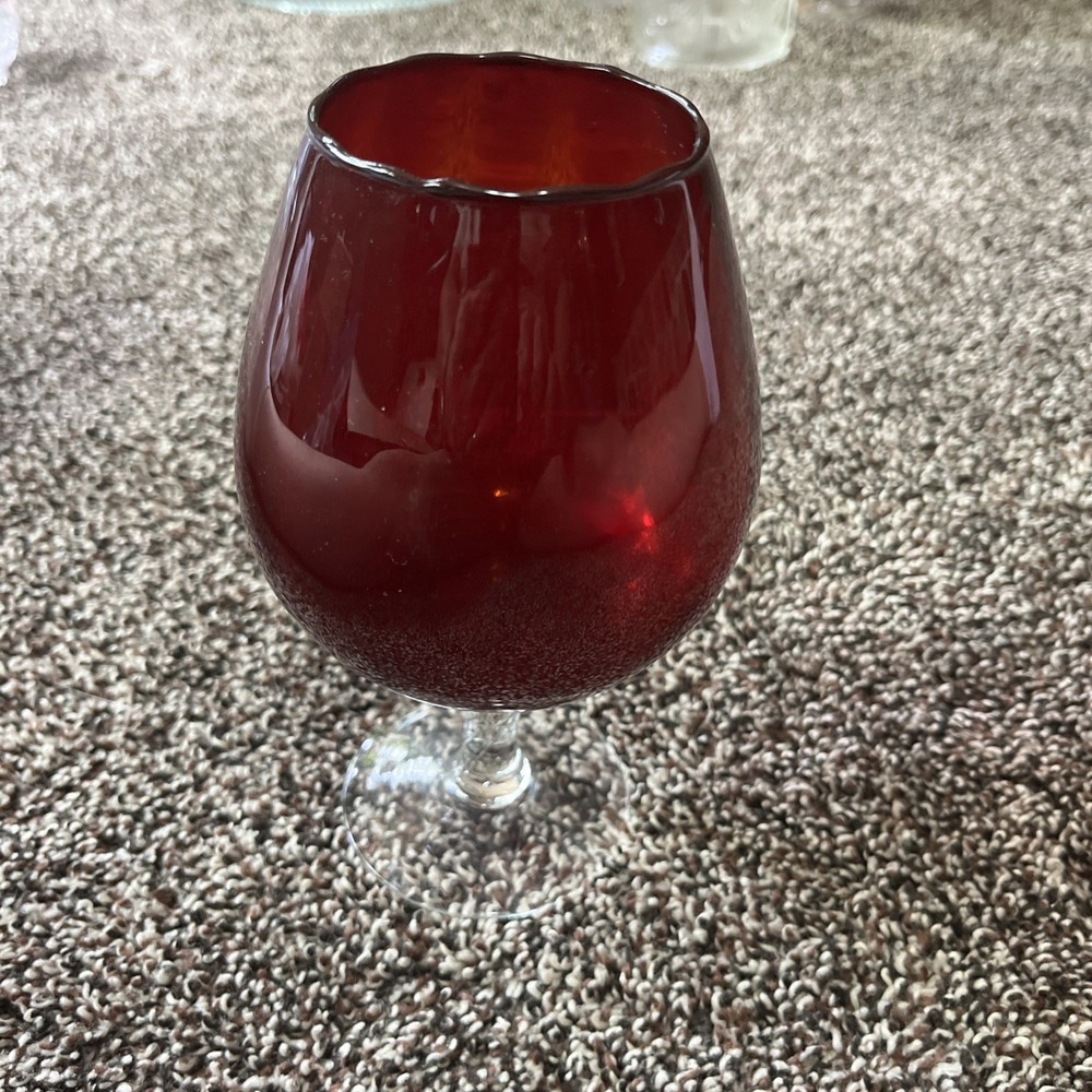 ruby red goblet 2.75” wide at mouth and 7” tall