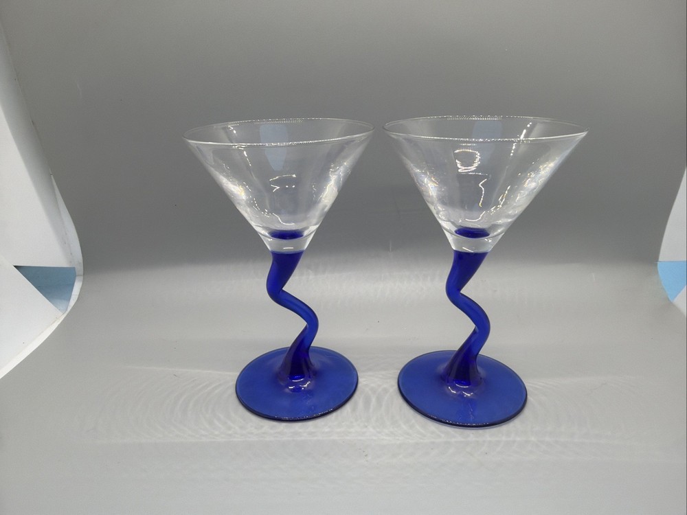 2 Cobalt Blue Fun Zigzag Stem Vintage Martini Glass By Libbey Courbe