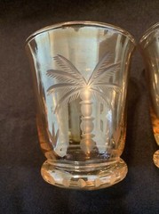 2 Etched Palm Trees Glasses Rocks Glass Gold Amber Glass, Made in Romania