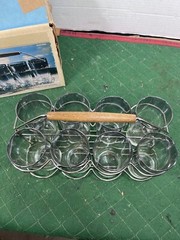 Vintage Anchor Hocking 8 Glass Silver Mist Tumblers w/ folding Caddy & Box