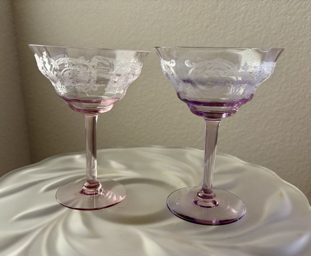 Central Glass Works Balda Lavender Champagne Tall Sherbet Stemware Set Pair