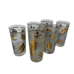 Libbey Frosted Gold Leaf Foliage Drinking Glasses 12 oz Set Of 6 Vintage Nice