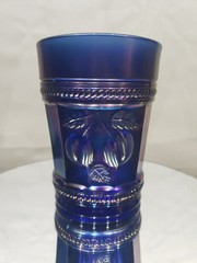 Tumbler, Carnival Glass Iridescent Northwood Signed Cobalt Blue Peach Cable rare