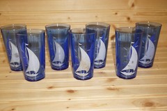 Hazel Atlas Ships Blue w/Dirty White Sails (7) Flat Iced Tea Glasses, 4 7/8″ (B2